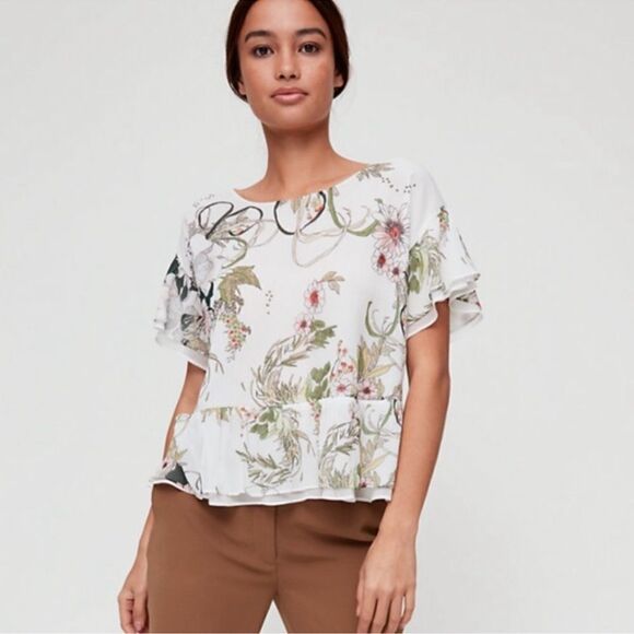Aritzia L Little Moon Ruffle Sleeve Floral Peplum Blouse White Green - Picture 15 of 16